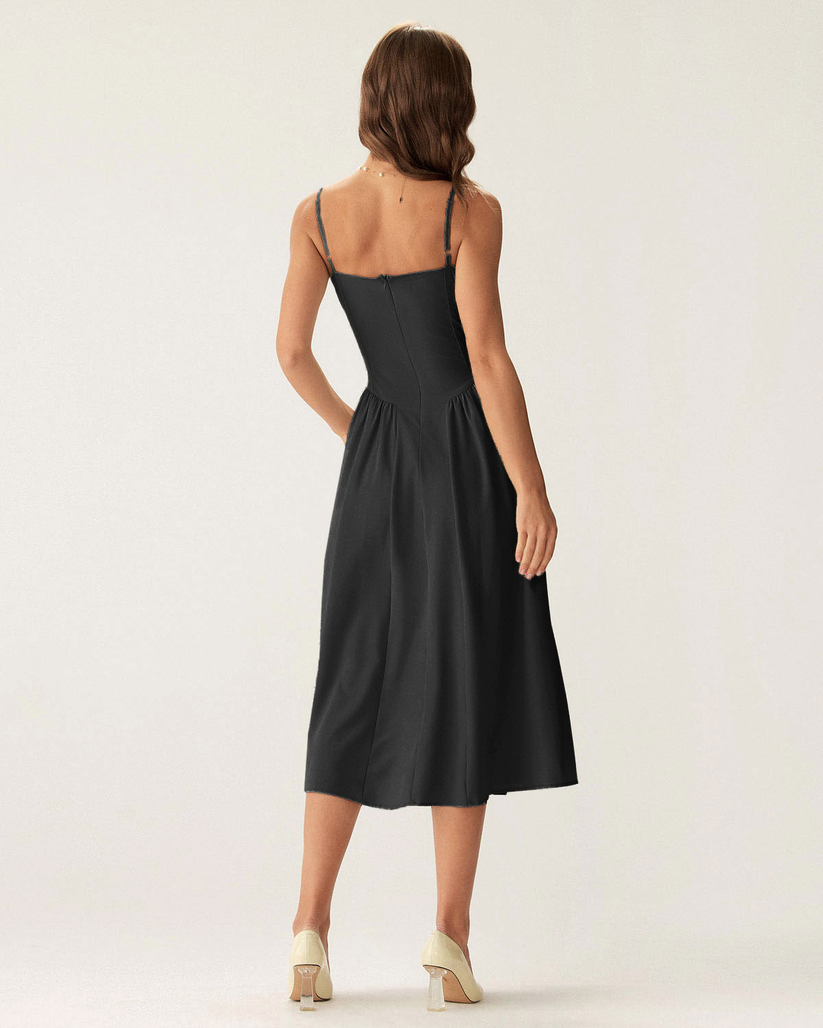 Sueña Siyah Kare Yaka Cepli Slip Midi Elbise