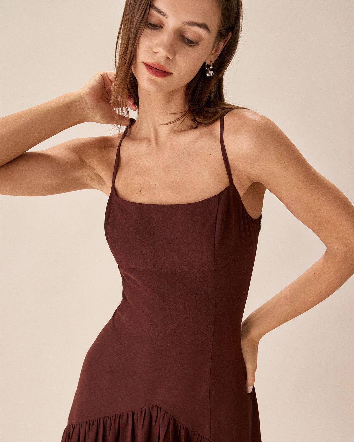 Sueña Kahverengi Şifon Dantelli Slip Midi Elbise