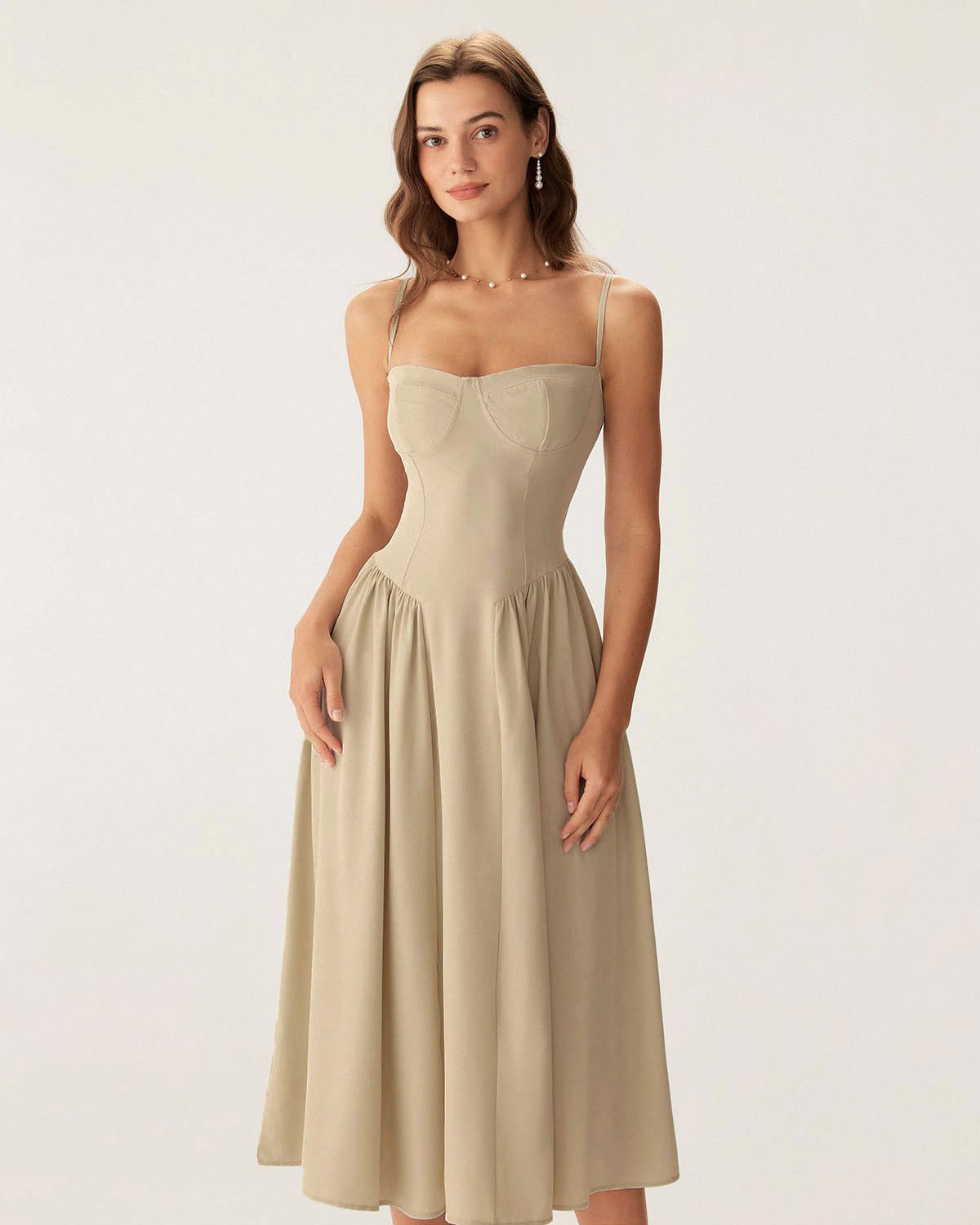 Sueña™ Haki Kare Yaka Cepli Slip Midi Elbise