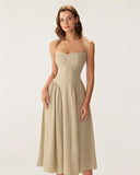 Sueña™ Haki Kare Yaka Cepli Slip Midi Elbise