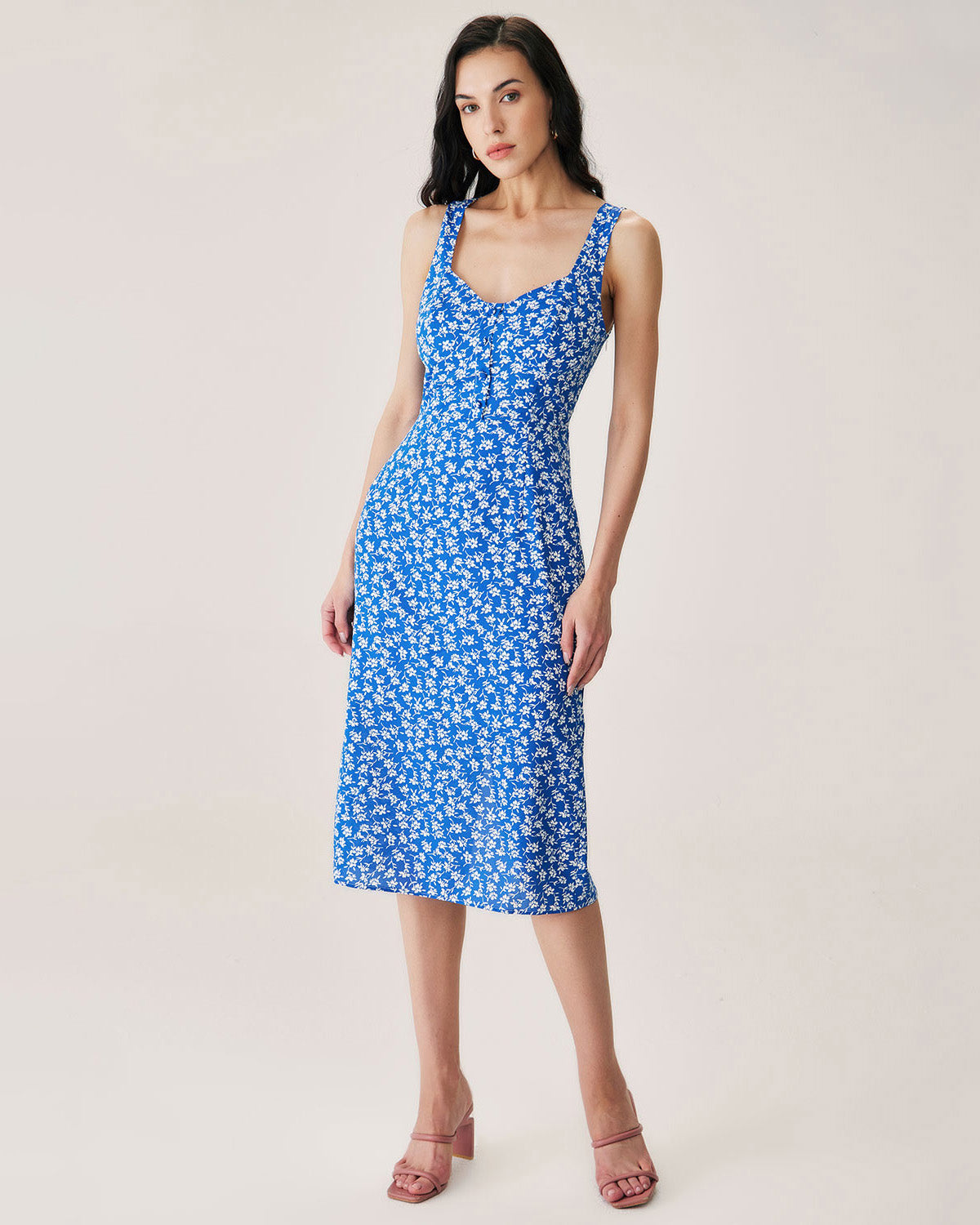 Sueña™ Mavi Çiçekli Yırtmaçlı Slip Midi Elbise