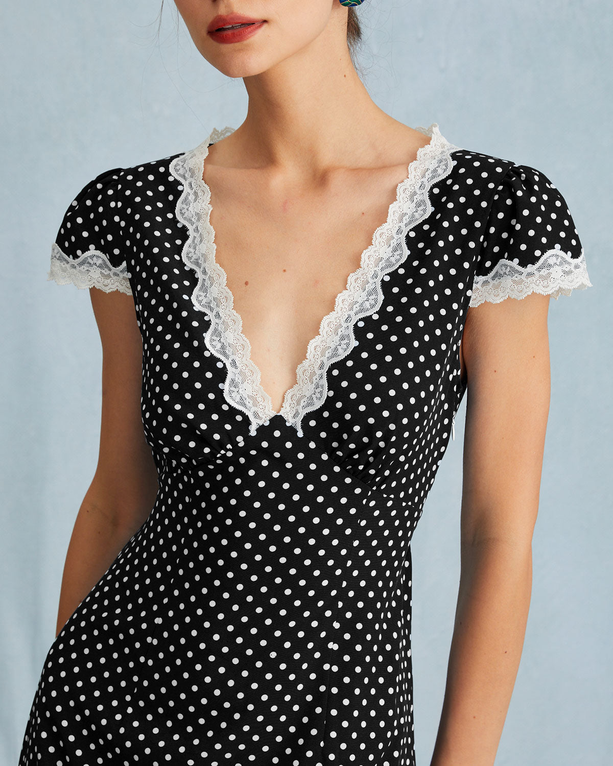 Sueña™ Siyah Polka Noktalı Dantel Kenarlı Uzun Elbise