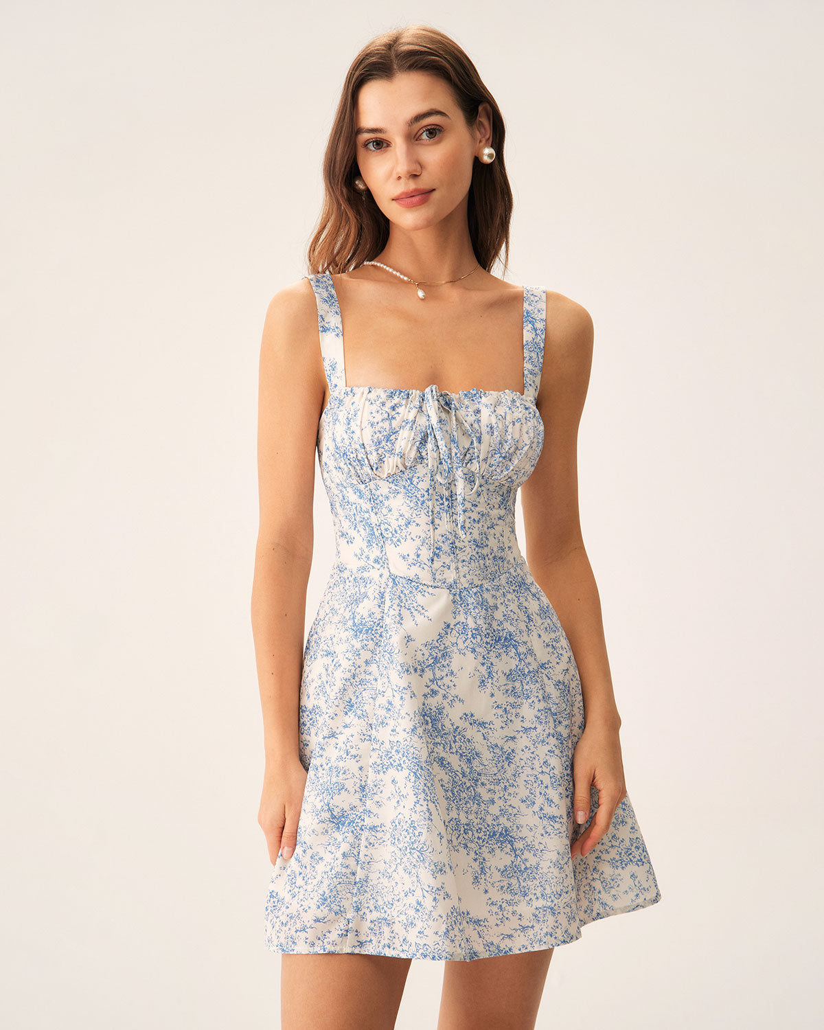 Sueña Mavi Çiçekli Dantelli Slip Korse Mini Elbise