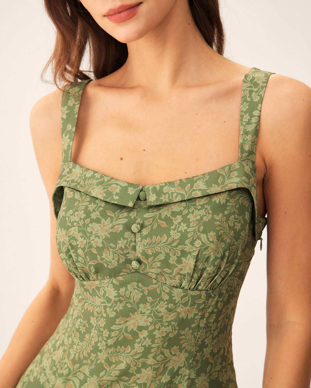 Sueña™ Yeşil Çiçekli Kare Yaka Slip Midi Elbise