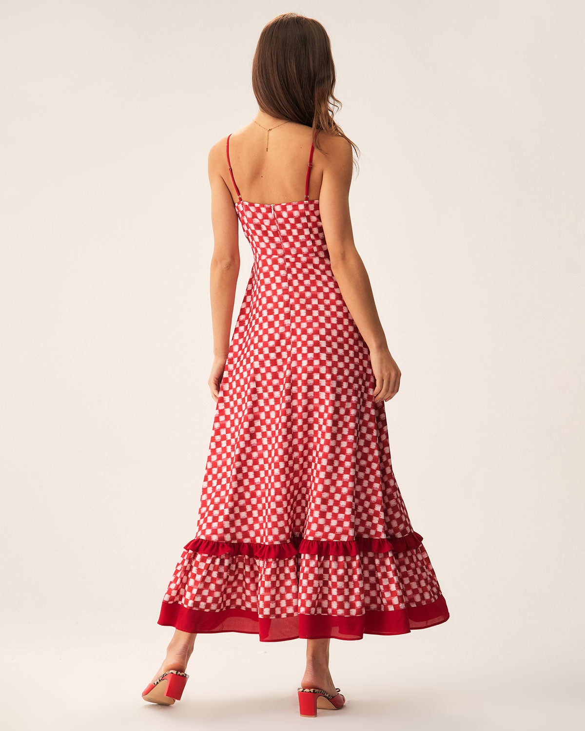 Sueña™ Kırmızı Geometrik Fırfırlı Slip Maxi Elbise