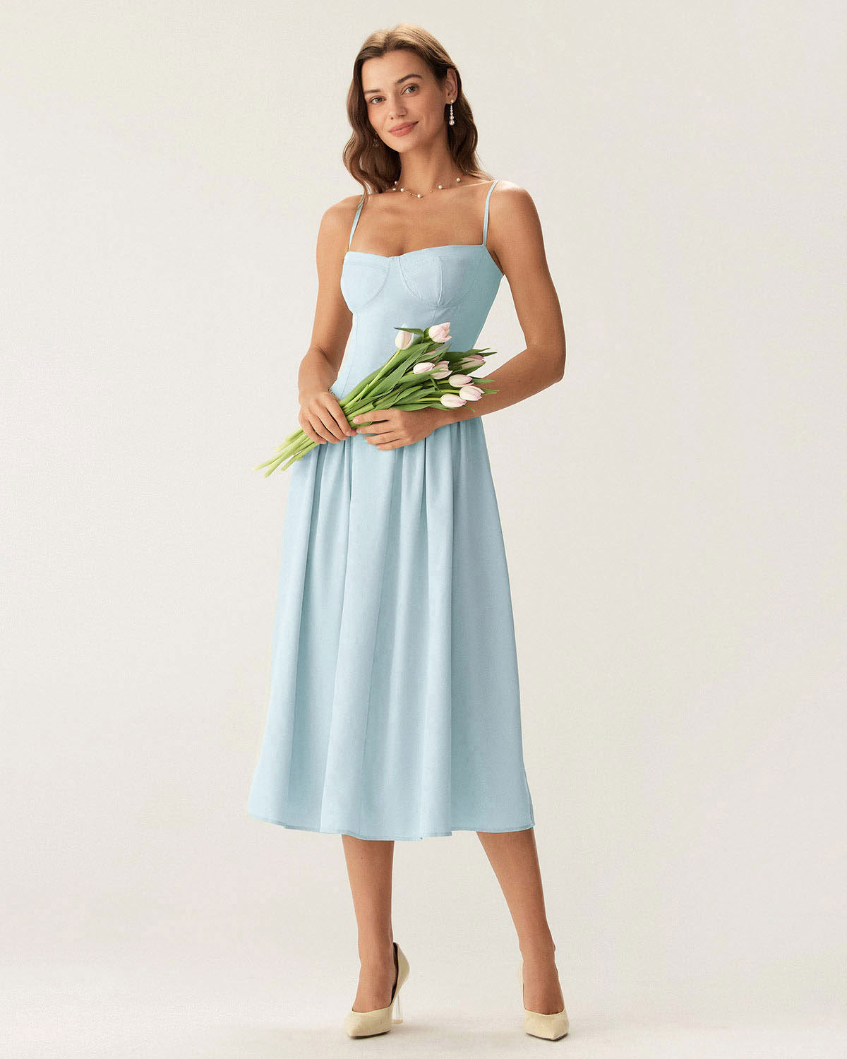 Sueña™ Mavi Kare Yaka Cepli Slip Midi Elbise