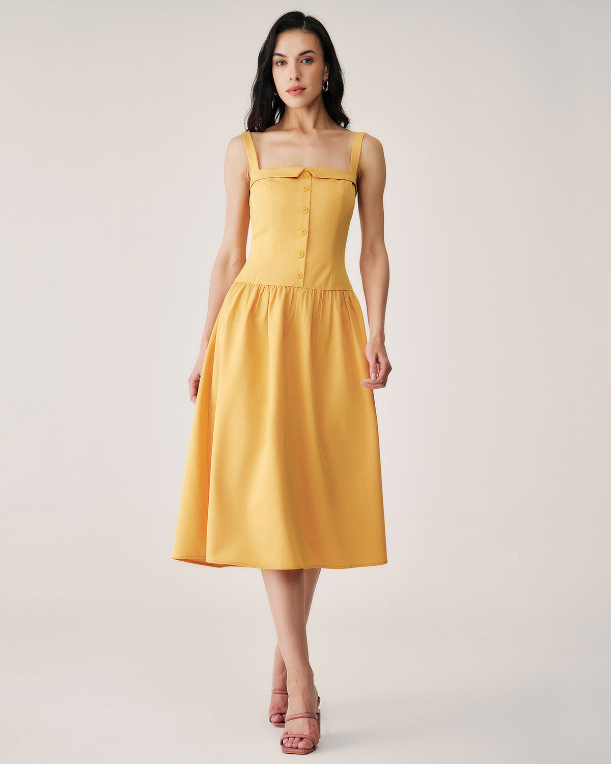 Sueña™ Sarı Düğmeli Pileli Slip Midi Elbise