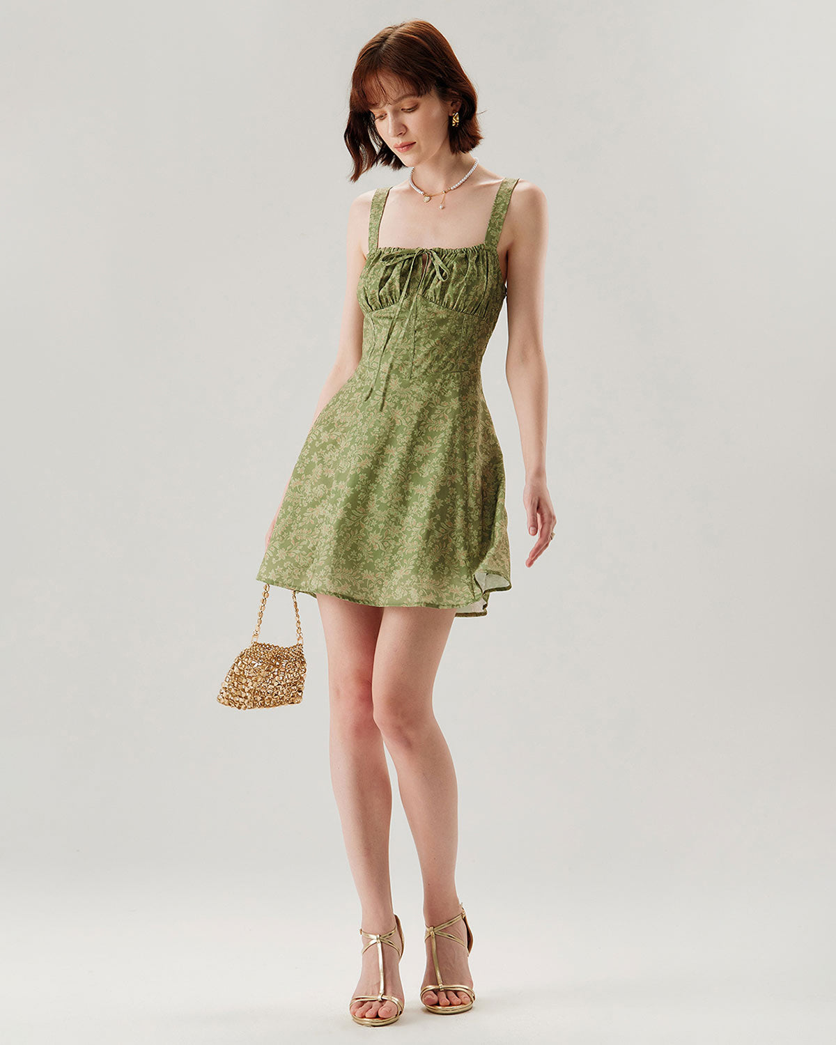 Sueña™ Yeşil Çiçekli Dantelli Slip Mini Elbise