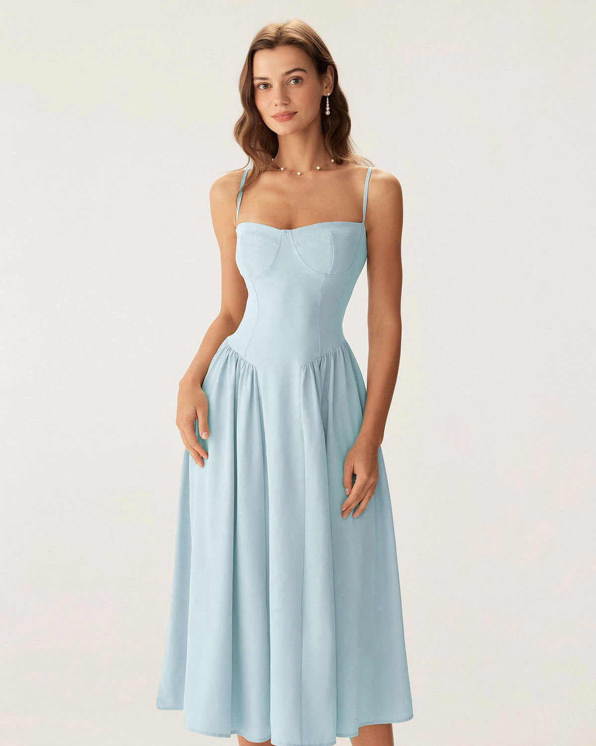 Sueña™ Mavi Kare Yaka Cepli Slip Midi Elbise