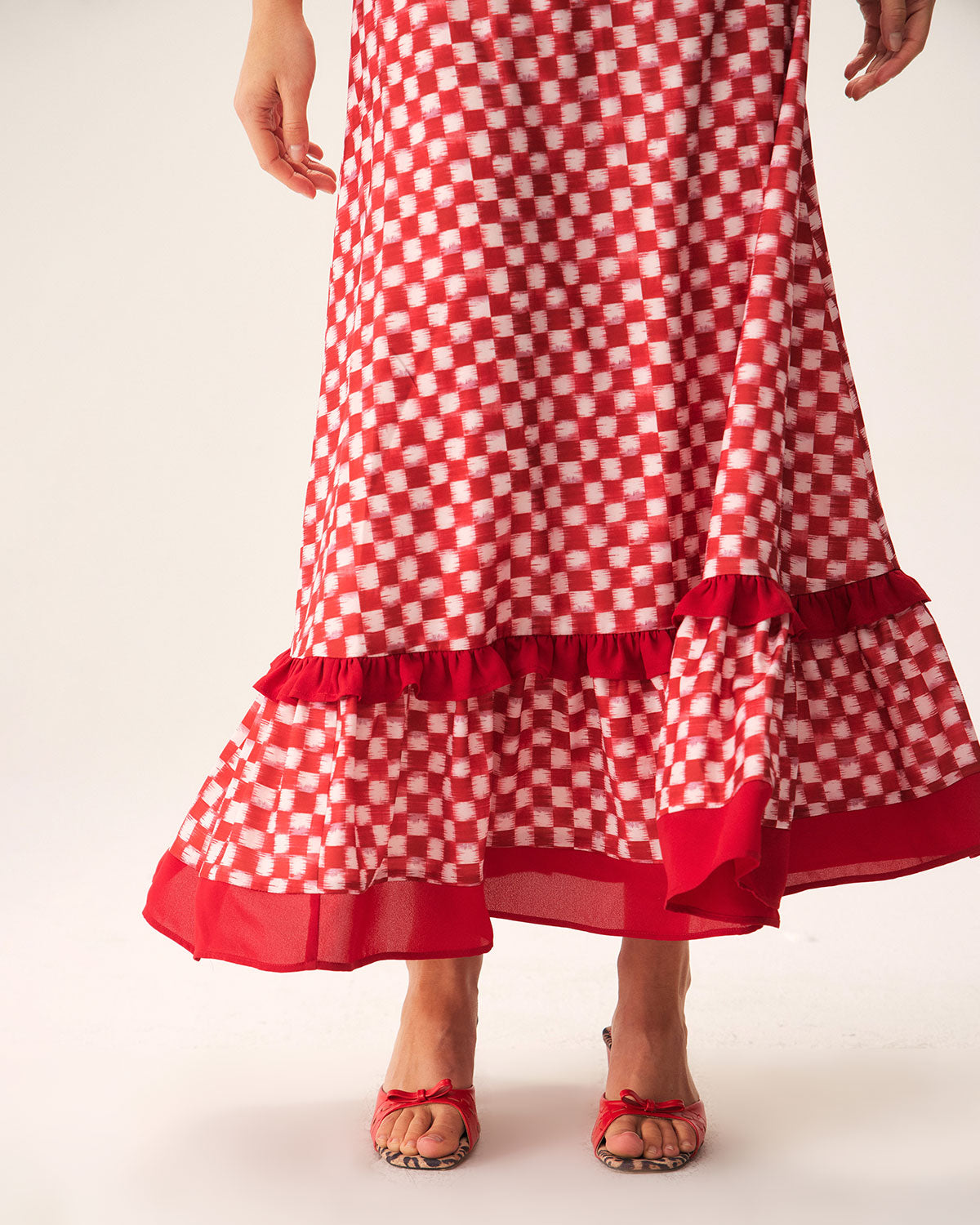 Sueña™ Kırmızı Geometrik Fırfırlı Slip Maxi Elbise