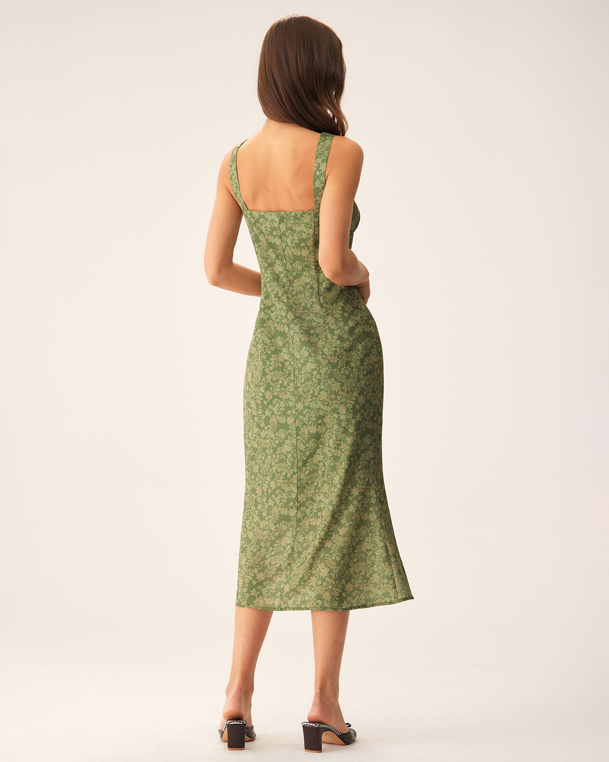 Sueña™ Yeşil Çiçekli Kare Yaka Slip Midi Elbise