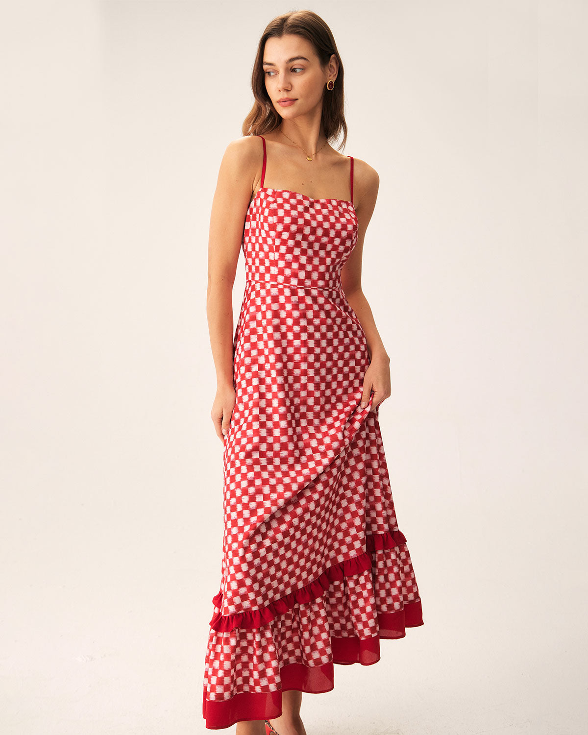 Sueña™ Kırmızı Geometrik Fırfırlı Slip Maxi Elbise