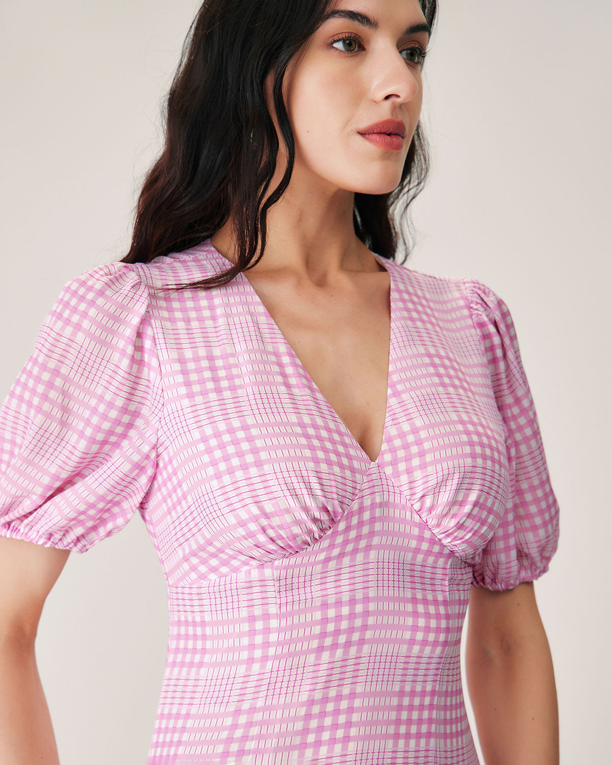 Sueña™ Pembe Ekose V Yaka Midi Elbise