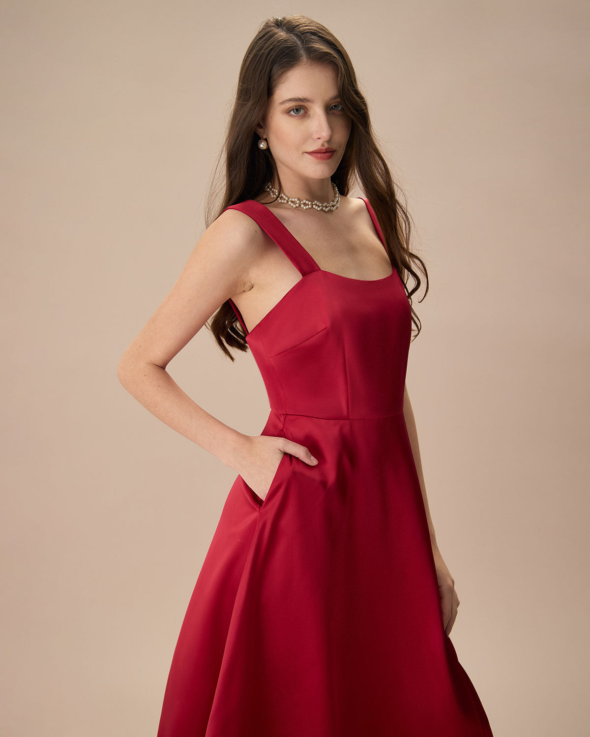 Sueña™ Kadın Kırmızı Saten Slip Midi Elbise