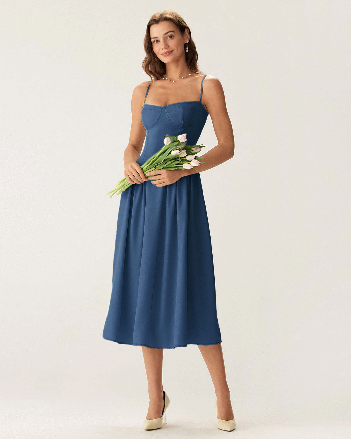 Sueña™ Lacivert Kare Yaka Cepli Slip Midi Elbise