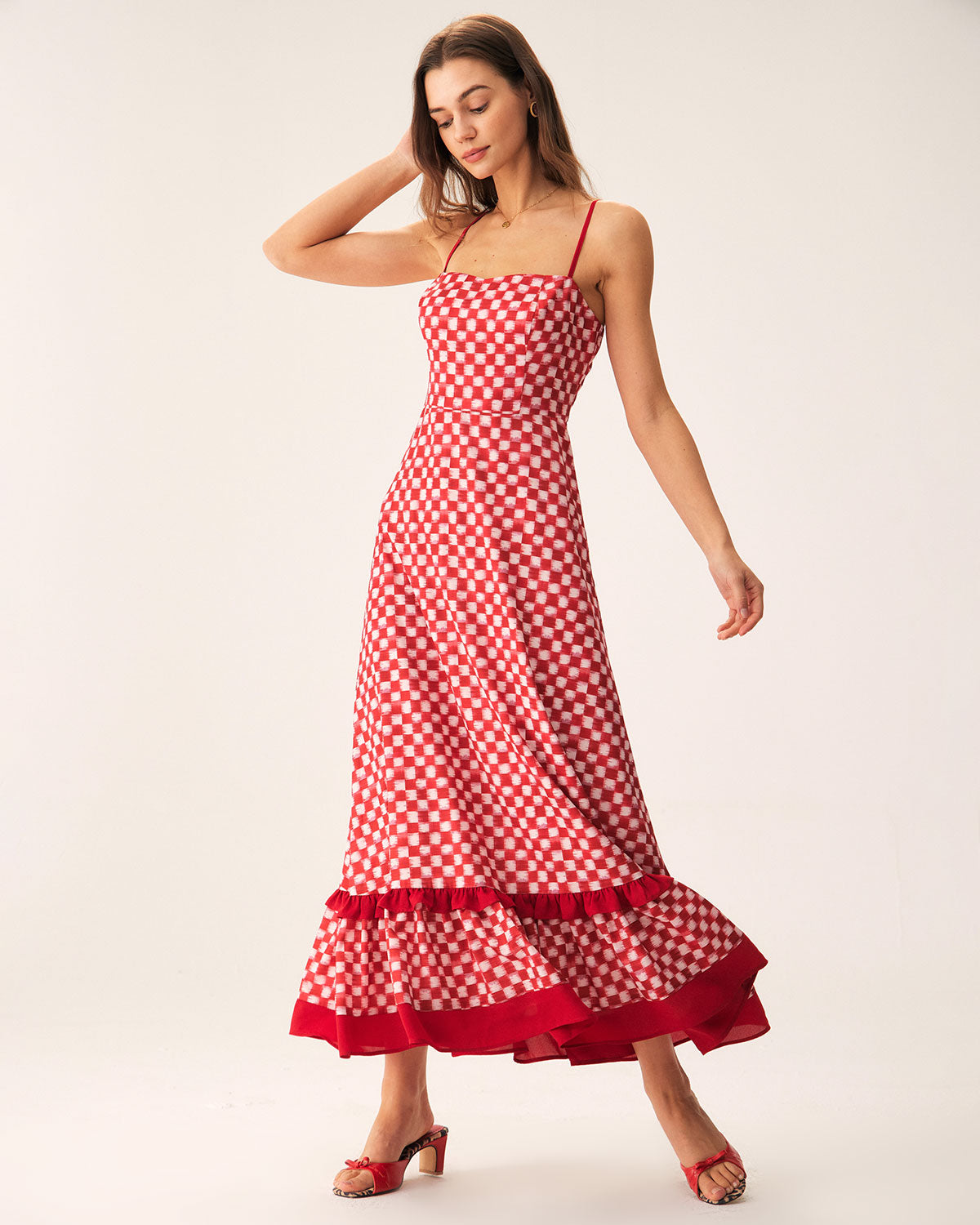 Sueña™ Kırmızı Geometrik Fırfırlı Slip Maxi Elbise