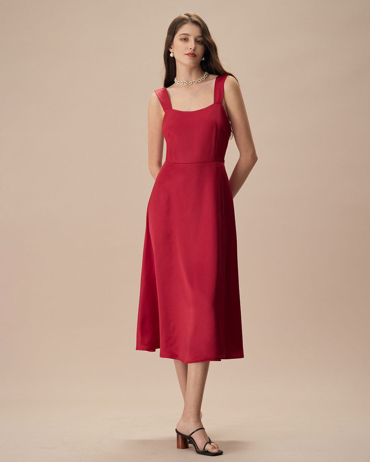 Sueña™ Kadın Kırmızı Saten Slip Midi Elbise
