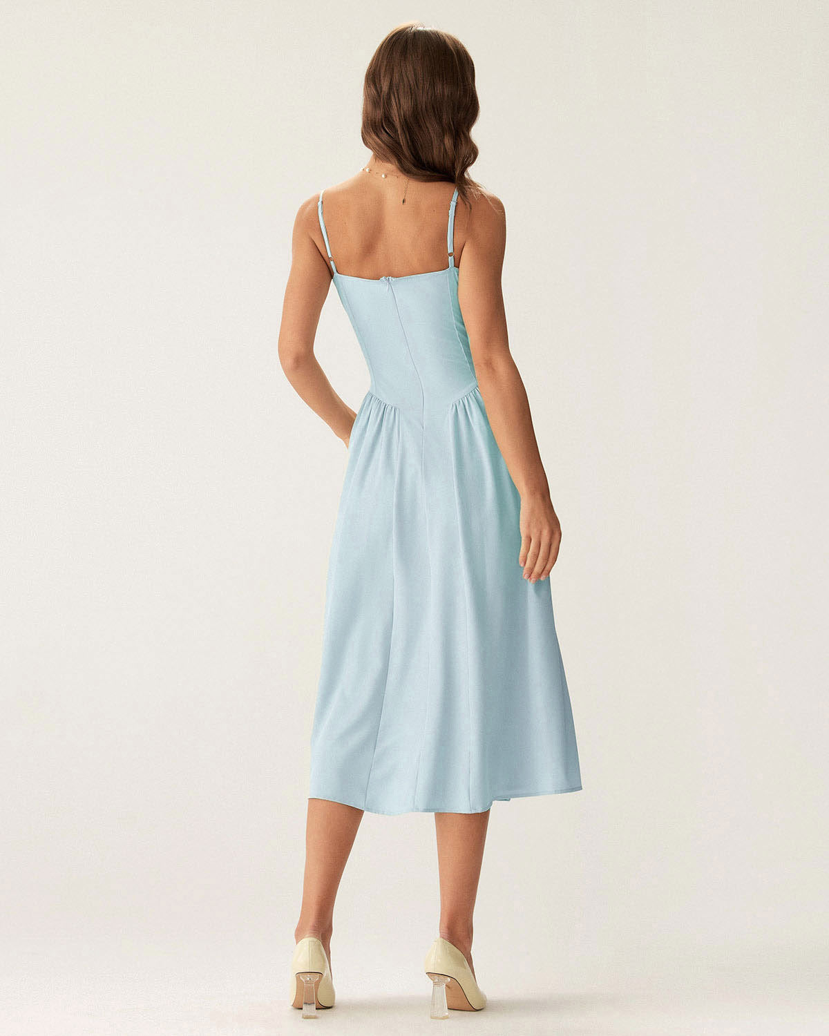 Sueña™ Mavi Kare Yaka Cepli Slip Midi Elbise