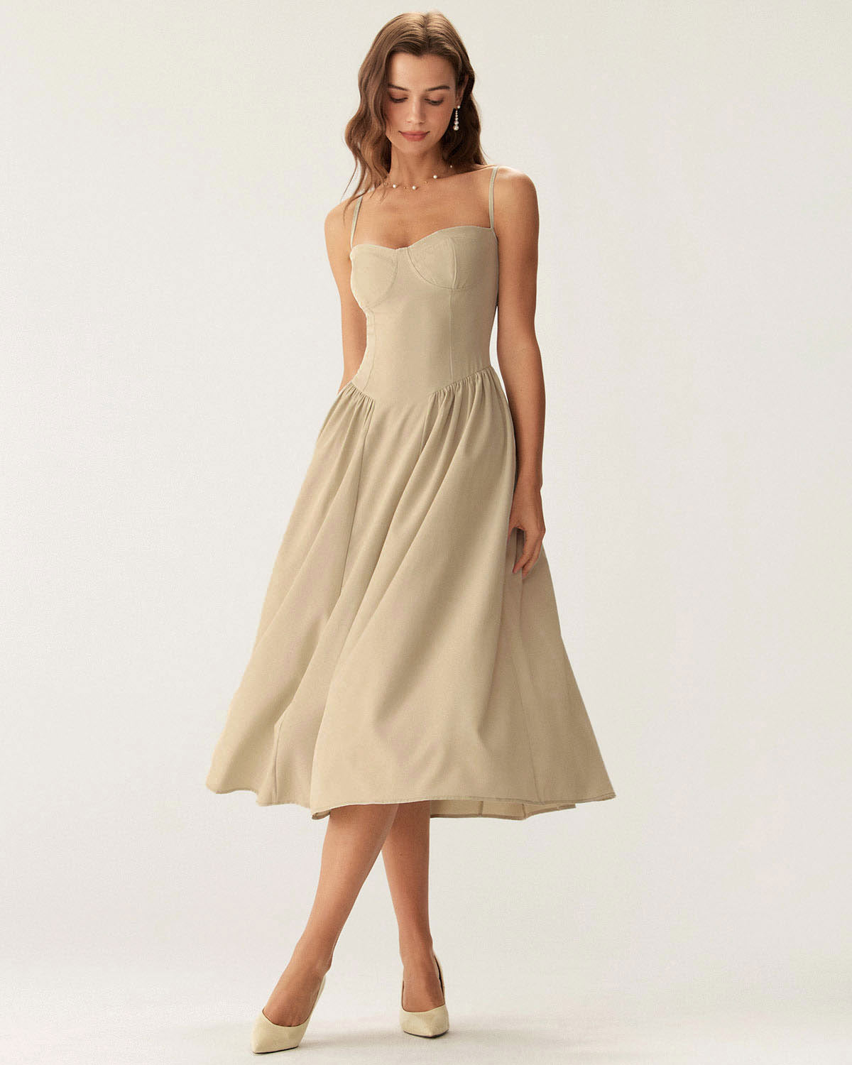 Sueña™ Haki Kare Yaka Cepli Slip Midi Elbise