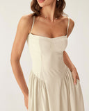 Sueña™ Bej Kare Yaka Cepli Slip Midi Elbise