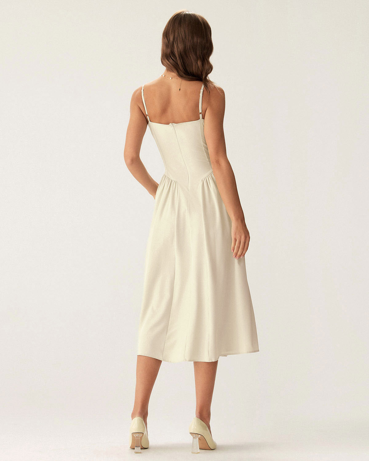 Sueña™ Bej Kare Yaka Cepli Slip Midi Elbise