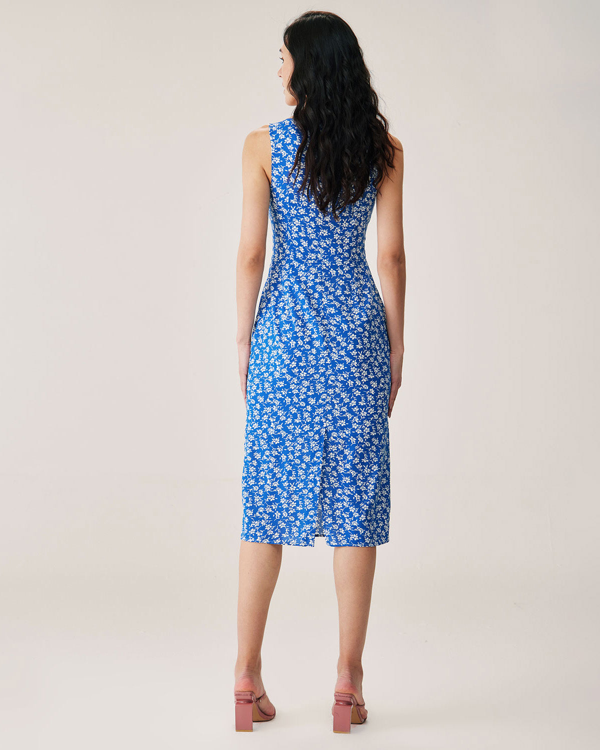 Sueña™ Mavi Çiçekli Yırtmaçlı Slip Midi Elbise