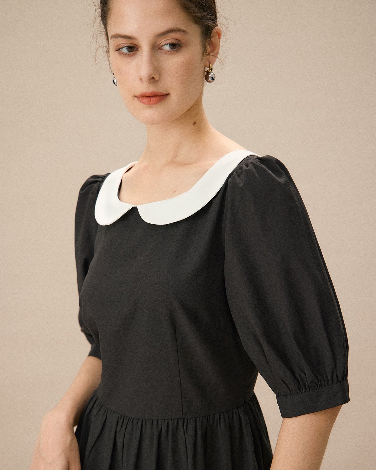 Sueña™ Siyah Kontrast Kolları Kabarık Uzun Elbise