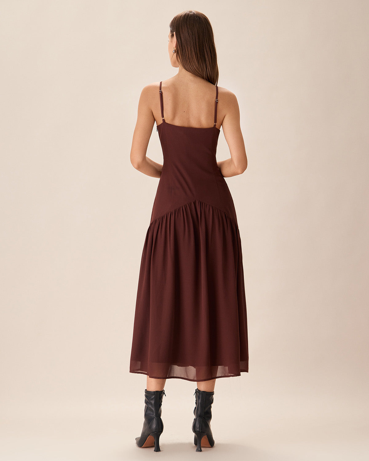 Sueña Kahverengi Şifon Dantelli Slip Midi Elbise