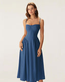 Sueña™ Lacivert Kare Yaka Cepli Slip Midi Elbise