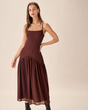 Sueña Kahverengi Şifon Dantelli Slip Midi Elbise