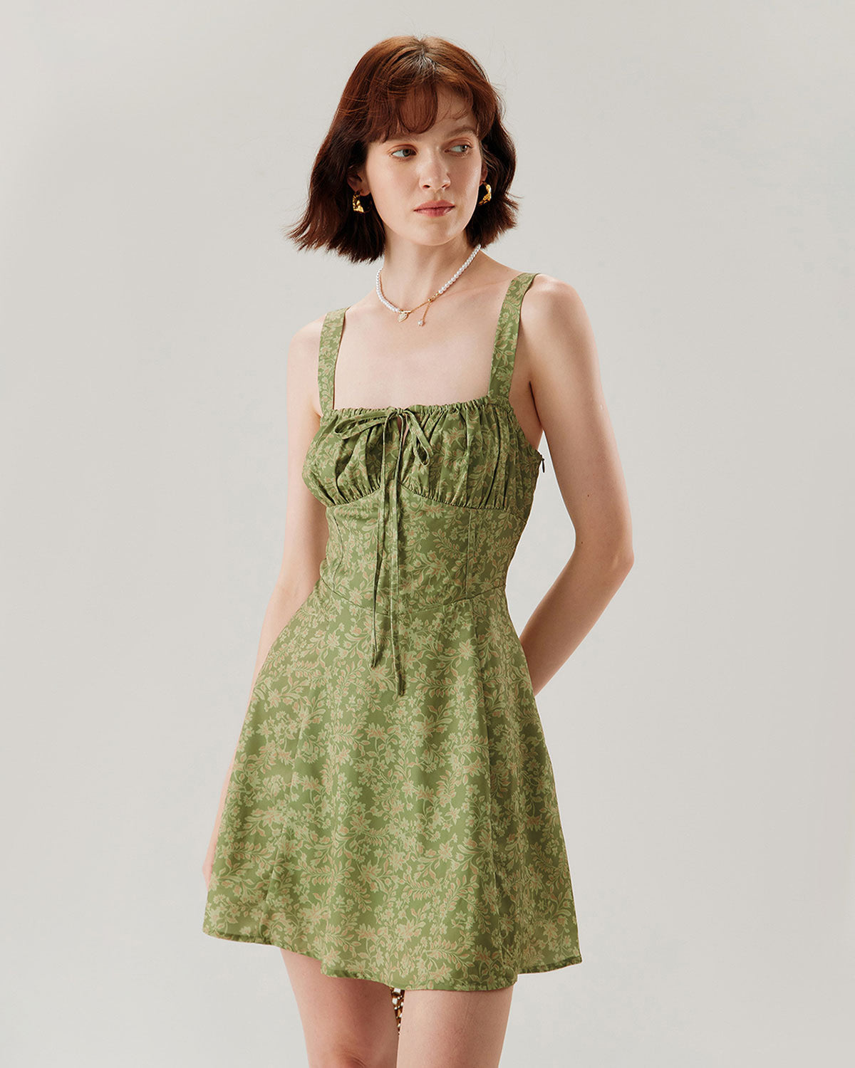 Sueña™ Yeşil Çiçekli Dantelli Slip Mini Elbise