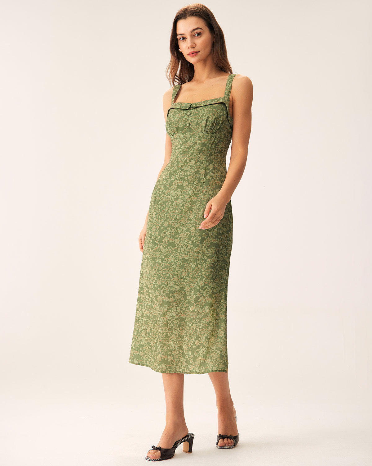 Sueña™ Yeşil Çiçekli Kare Yaka Slip Midi Elbise