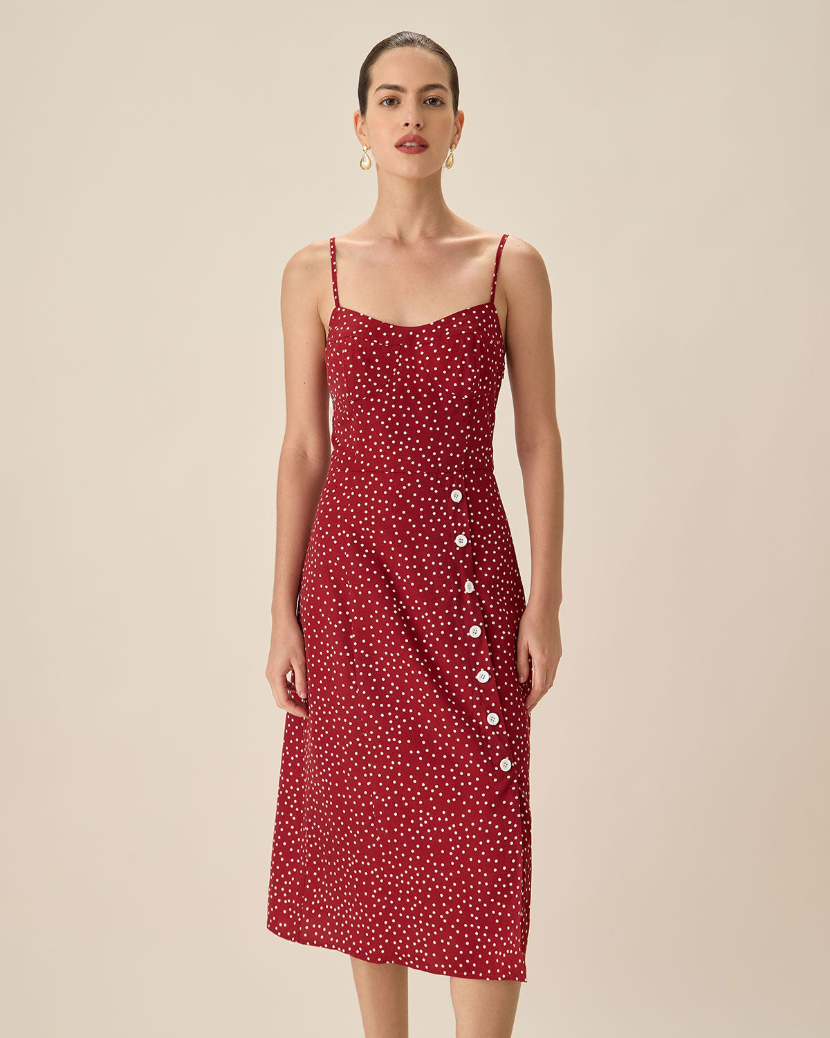 Sueña™ Kırmızı Puantiyeli Slip Midi Elbise