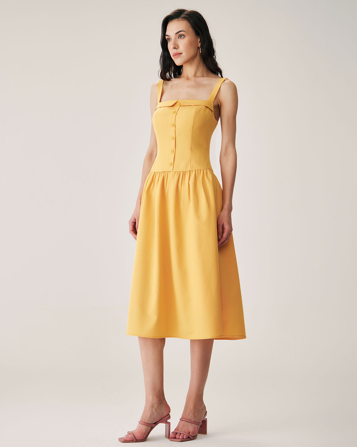 Sueña™ Sarı Düğmeli Pileli Slip Midi Elbise