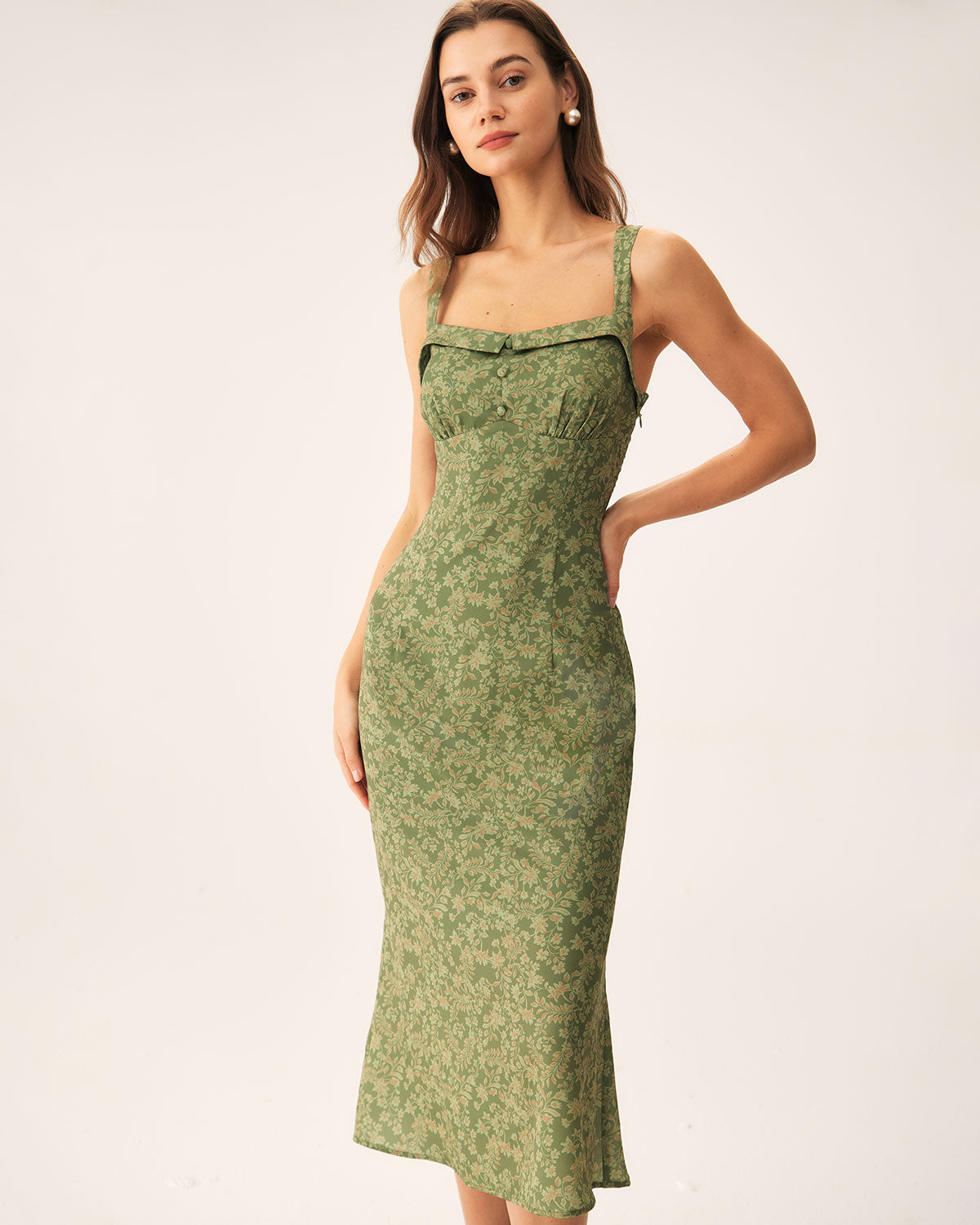 Sueña™ Yeşil Çiçekli Kare Yaka Slip Midi Elbise