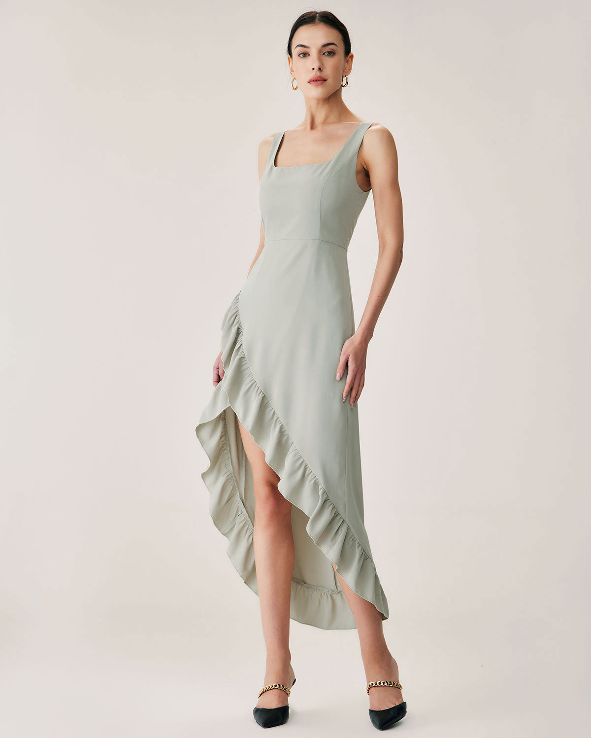 Sueña™ Yeşil Fırfırlı Yırtmaçlı Slip Maxi Elbise