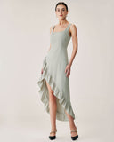 Sueña™ Yeşil Fırfırlı Yırtmaçlı Slip Maxi Elbise