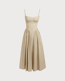 Sueña™ Haki Kare Yaka Cepli Slip Midi Elbise