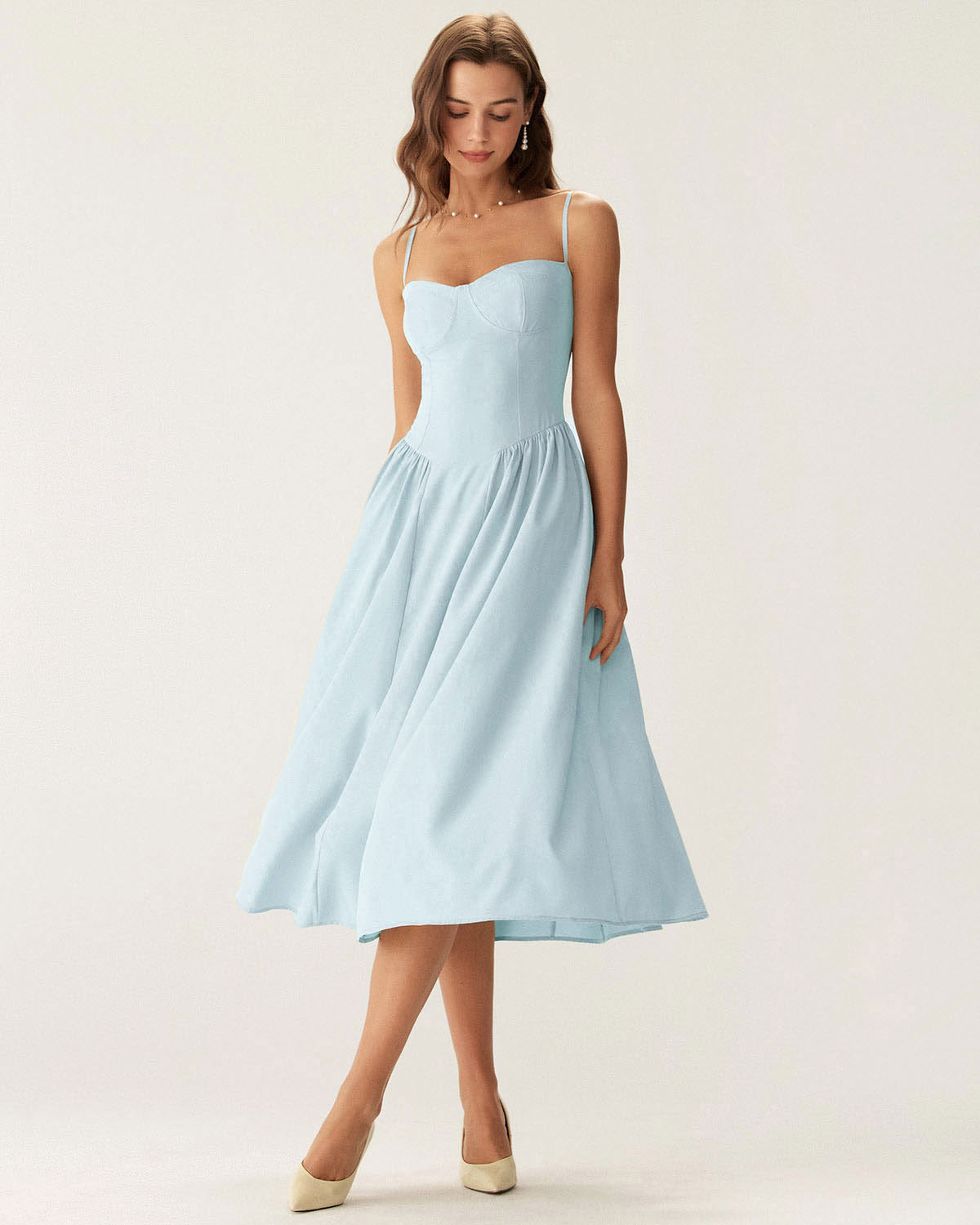 Sueña™ Mavi Kare Yaka Cepli Slip Midi Elbise