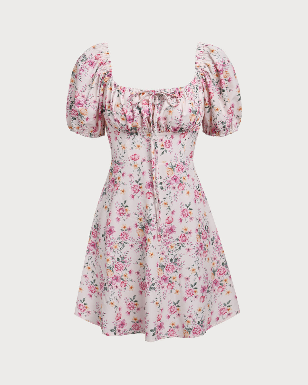 Sueña Pembe Çiçekli Kare Yaka Dantelli Mini Elbise