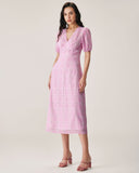 Sueña™ Pembe Ekose V Yaka Midi Elbise