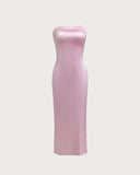 Sueña Pembe Saten Straplez Uzun Elbise