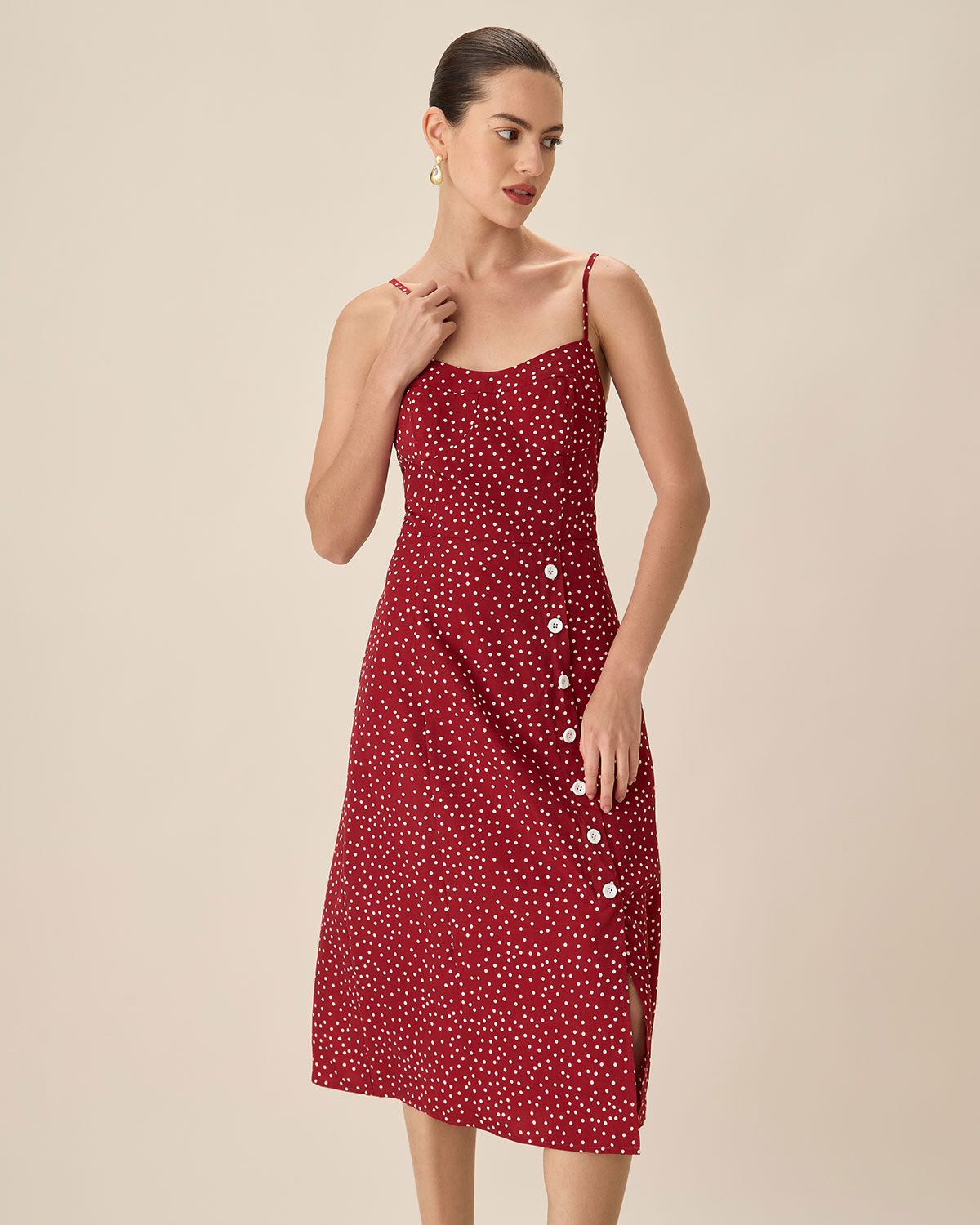 Sueña™ Kırmızı Puantiyeli Slip Midi Elbise
