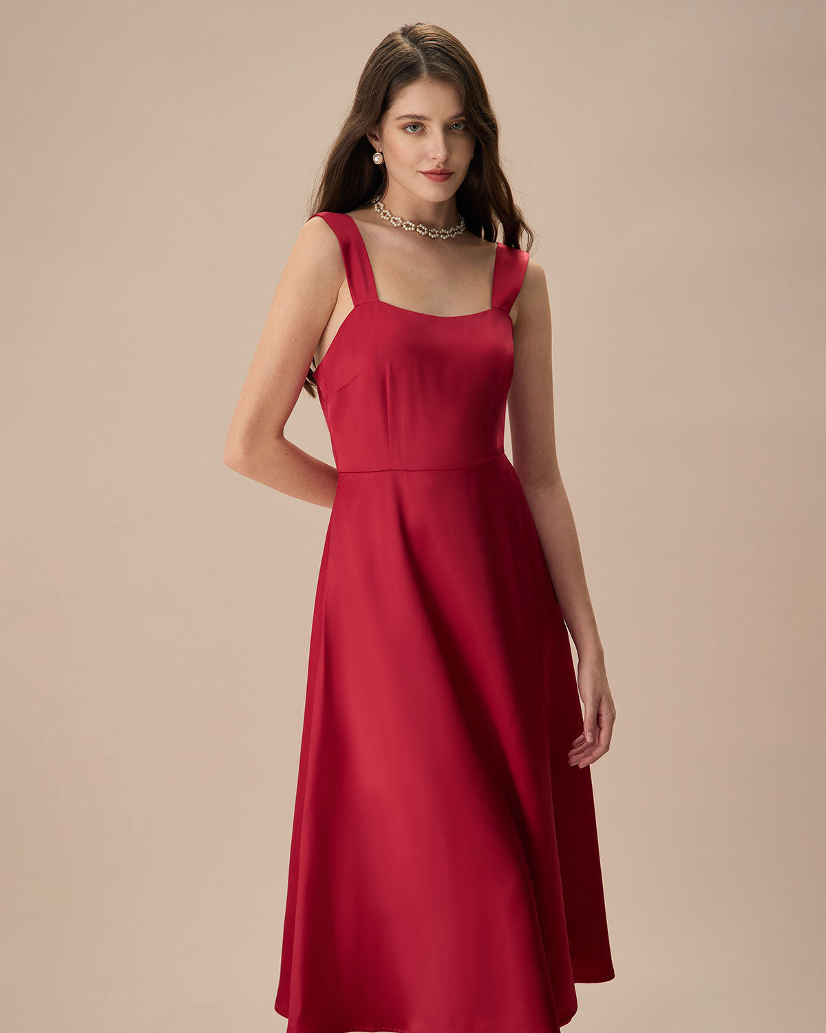 Sueña™ Kadın Kırmızı Saten Slip Midi Elbise