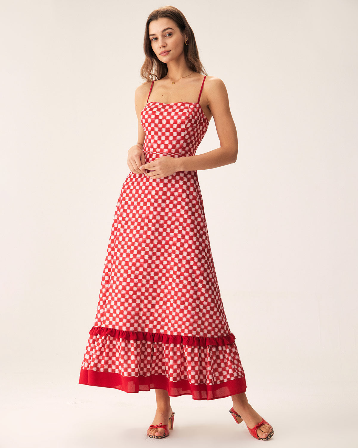 Sueña™ Kırmızı Geometrik Fırfırlı Slip Maxi Elbise