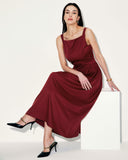 Sueña™ Şarap Kırmızı Saten Slip Maxi Elbise