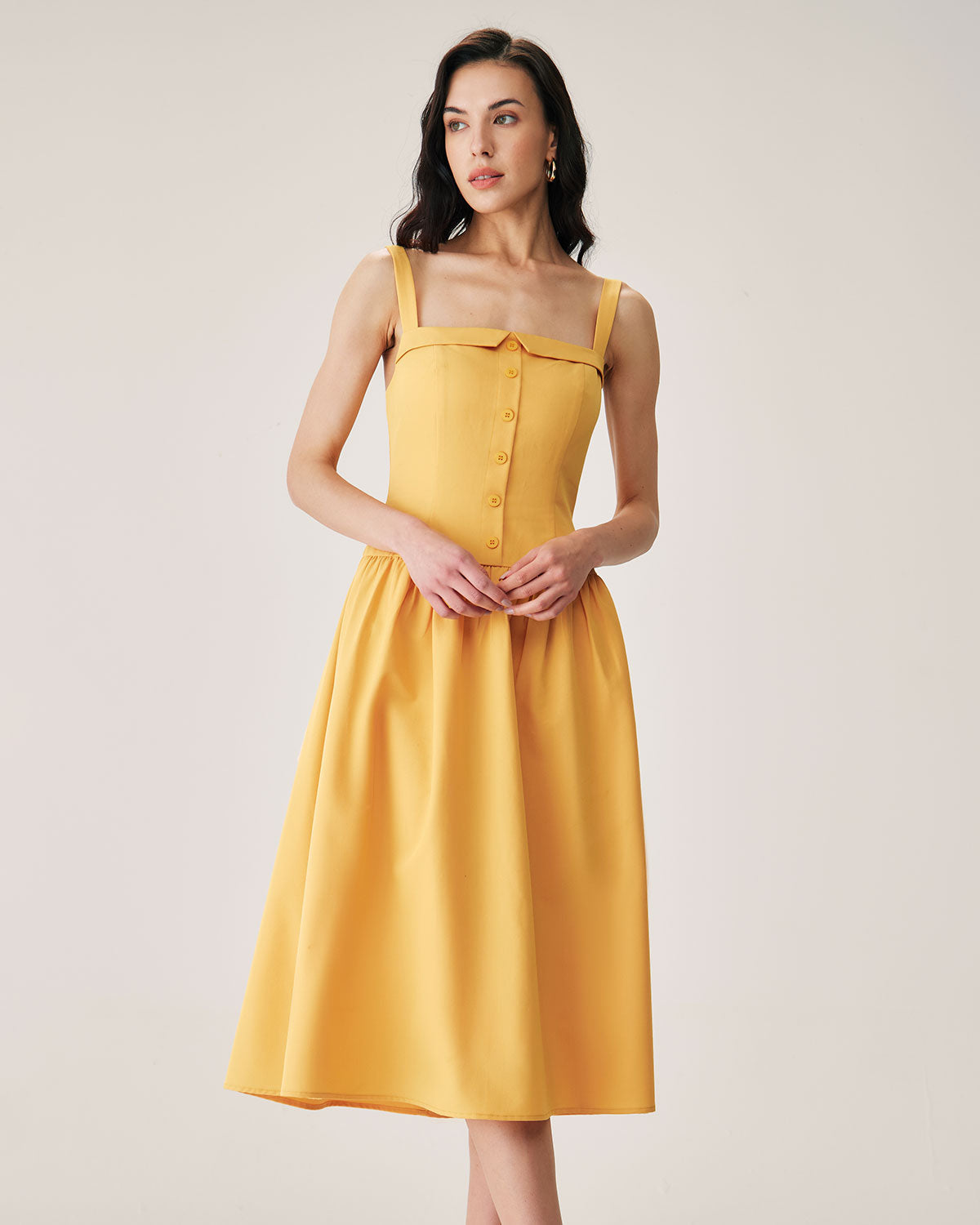Sueña™ Sarı Düğmeli Pileli Slip Midi Elbise