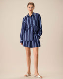 Kadın Lacivert Çizgili Lastikli Bel Şortu