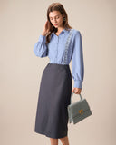 Kadın Gri Yüksek Bel Düz Yırtmaçlı Midi Etek