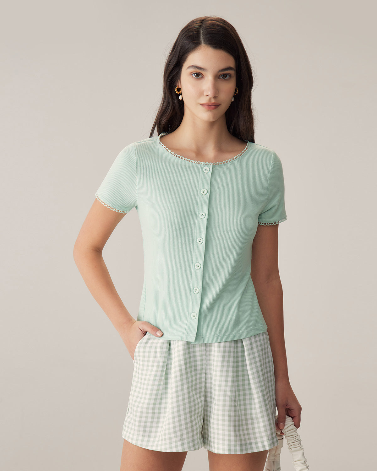 Sueña™ Yeşil Yuvarlak Yaka Düğmeli Slim Tee